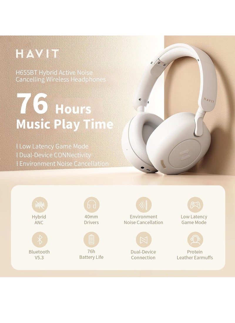 havit Hybrid Active Noise Cancelling Wireless Over-Ear Headphones, Bluetooth V5.3 with Low Latency Game Mode, Dual Device Connection, 76 Hours Battery Life, 40mm Dynamic Drivers, Deep Bass, Crystal Clear Audio, Comfortable Fit, Ideal for Gaming, Music, and Calls, Premium Sound Quality Over-Ear Headset (Black)  - Image 2