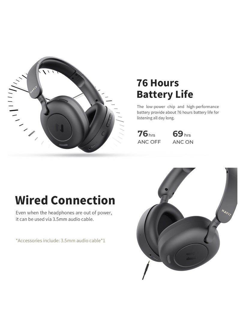 Hybrid Active Noise Cancelling Wireless Over-Ear Headphones, Bluetooth V5.3 with Low Latency Game Mode, Dual Device Connection, 76 Hours Battery Life, 40mm Dynamic Drivers, Deep Bass, Crystal Clear Audio, Comfortable Fit, Ideal for Gaming, Music, and Calls, Premium Sound Quality Over-Ear Headset (Black)