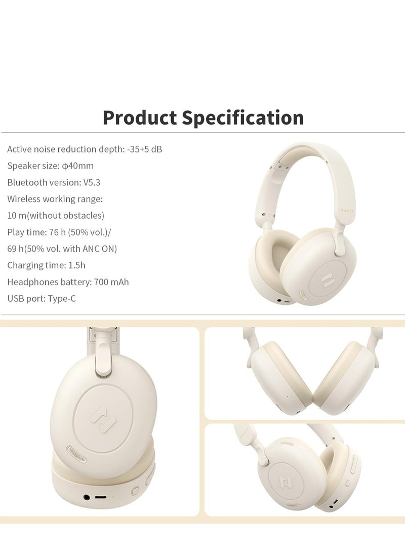 Hybrid Active Noise Cancelling Wireless Over-Ear Headphones, Bluetooth V5.3 with Low Latency Game Mode, Dual Device Connection, 76 Hours Battery Life, 40mm Dynamic Drivers, Deep Bass, Crystal Clear Audio, Comfortable Fit, Ideal for Gaming, Music, and Calls, Premium Sound Quality Over-Ear Headset (Black)