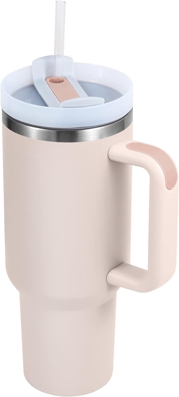 Vichaxan Travel Mug with Handle Straw Stainless Steel Vacuum Insulated Tumbler with Straw and Lid Handle Heat Preservation Cup Cold Preservation Cup Rose Cream - Image 1