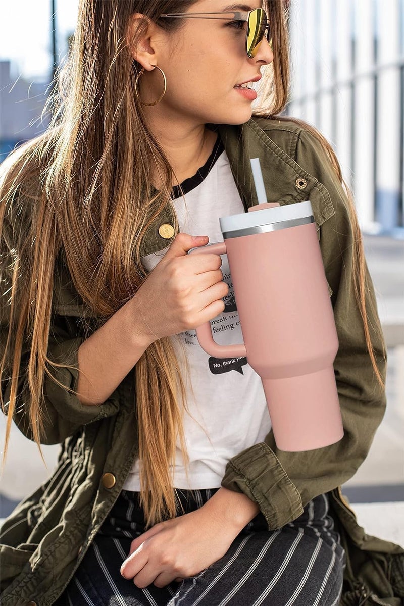 Vichaxan Travel Mug with Handle Straw Stainless Steel Vacuum Insulated Tumbler with Straw and Lid Handle Heat Preservation Cup Cold Preservation Cup Rose Cream - Image 5