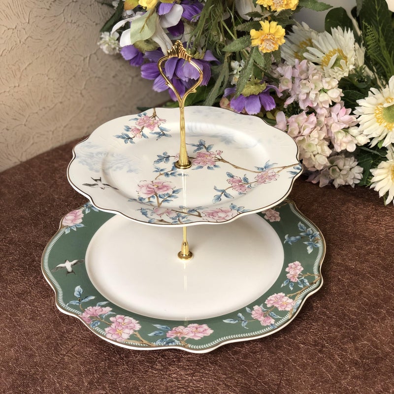 Vigneto Victorian Green Two Tier Dessert Stand, Cupcake Display and Cake Stand, Detachable Serving Dessert Tower | Finest Premium Porcelain - Image 1