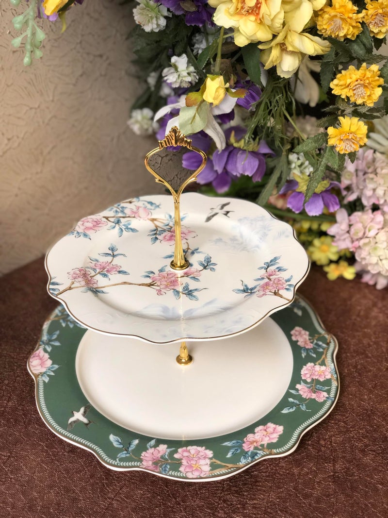 Vigneto Victorian Green Two Tier Dessert Stand, Cupcake Display and Cake Stand, Detachable Serving Dessert Tower | Finest Premium Porcelain - Image 5