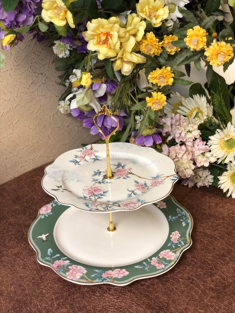 Vigneto Victorian Green Two Tier Dessert Stand, Cupcake Display and Cake Stand, Detachable Serving Dessert Tower | Finest Premium Porcelain - Image 3