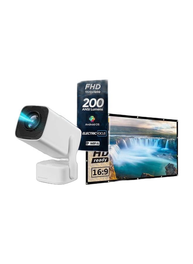 FLIP Mini Projector | 200" Screen Android 12.0, Electric Focus, 200 ANSI Lumens with 5G WiFi And Bluetooth 5.1, Full HD 1080P Supported 4k Video Projector, 180° Angle adjustment Movie Projector 104AN white & 100 Inch Projector Screen 16:9 Foldable 4K Full HD Projection Screen Anti-Crease Portable Projector Movies Screen for Indoor And Outdoor Support Double Sided Projection UNV-WO-SCR-03 WhiteBundle