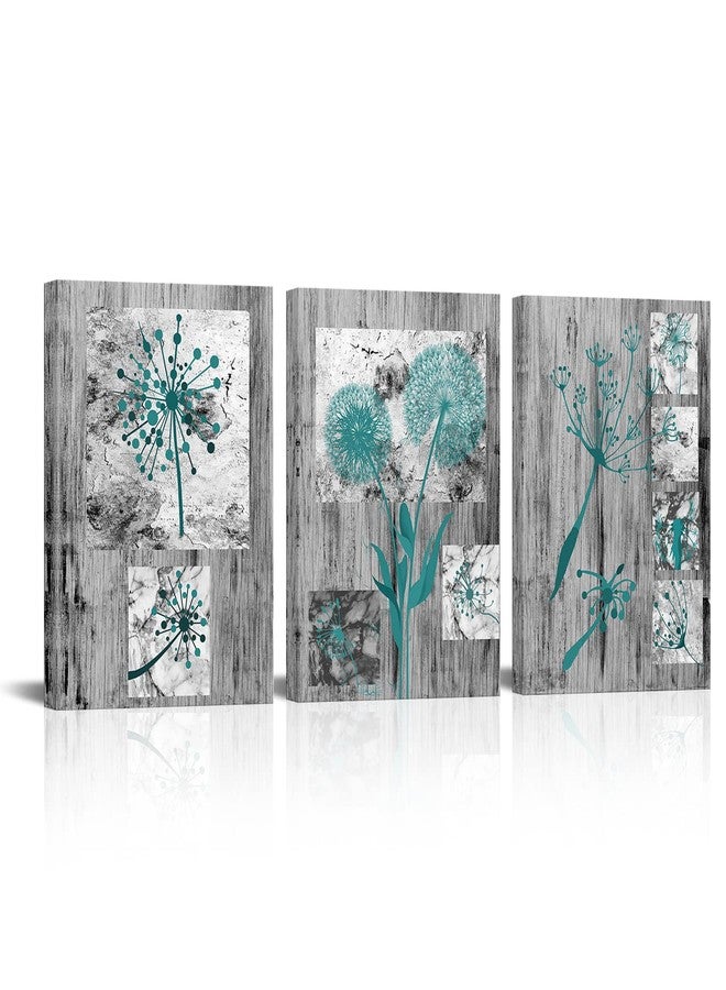 Visual Art Decor Teal Dandelion Flower Painting Rustic Farmhouse Decor Framed Canvas Wall Art Ready to Hang Teal Bathroom Decor 12inchx16inchx3 Pieces - Image 1