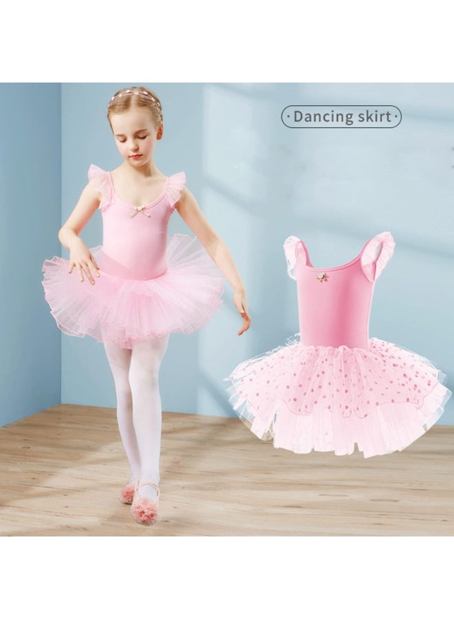Generic Ballet Leotards for Girls, Ballet Dress Short Sleeve Ballet Leotard with Tutu Skirt Dance Leotards Short, Girls Cotton Ballet Dance Dress with Skirt Pleated Sleeve Skirts - Pink  - Image 4