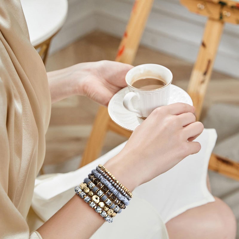 GOOJIDS Surfer Heishi Clay Spotted Bead Bracelets for Women Stackable Gold Plated Beaded Stretch Bracelets Elastic Layering Friendship Bracelets Set Boho Jewelry - Image 5