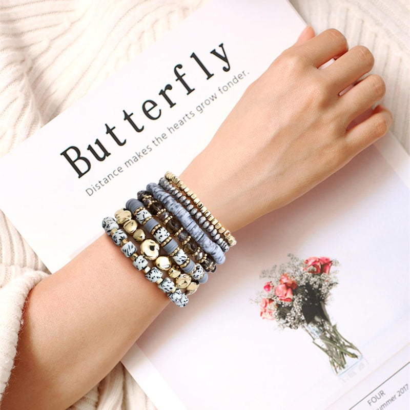 GOOJIDS Surfer Heishi Clay Spotted Bead Bracelets for Women Stackable Gold Plated Beaded Stretch Bracelets Elastic Layering Friendship Bracelets Set Boho Jewelry - Image 4