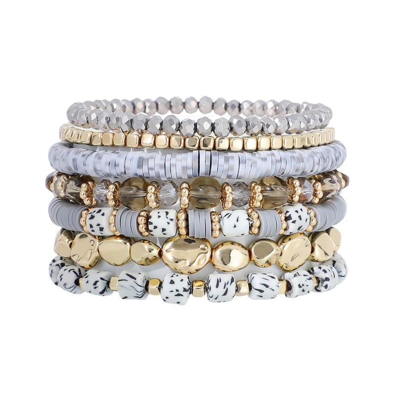 GOOJIDS Surfer Heishi Clay Spotted Bead Bracelets for Women Stackable Gold Plated Beaded Stretch Bracelets Elastic Layering Friendship Bracelets Set Boho Jewelry - Image 1