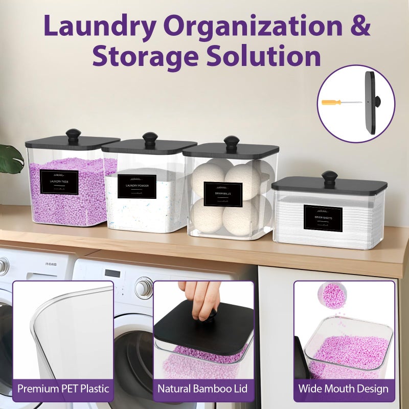 COAZEX 3+1 Pack Clear Laundry Pods Container & Dryer Sheet Holder, Plastic Square Laundry Room Organization and Storage Jars with Black Lids, Scoops & Labels for Detergent, Powder, Dryer Balls - Image 4