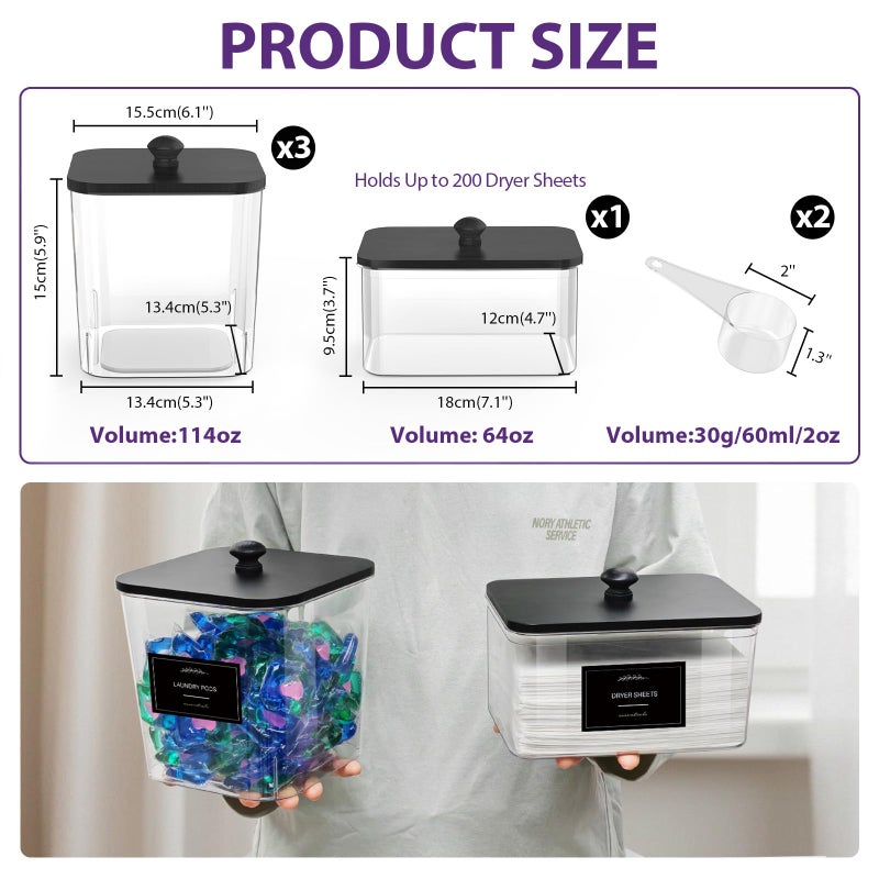 COAZEX 3+1 Pack Clear Laundry Pods Container & Dryer Sheet Holder, Plastic Square Laundry Room Organization and Storage Jars with Black Lids, Scoops & Labels for Detergent, Powder, Dryer Balls - Image 2