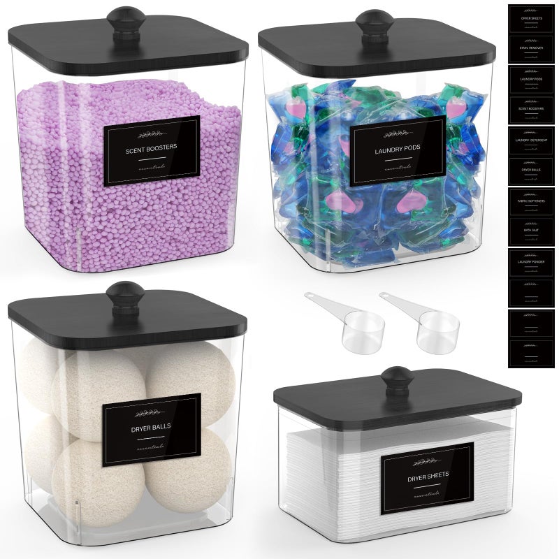 COAZEX 3+1 Pack Clear Laundry Pods Container & Dryer Sheet Holder, Plastic Square Laundry Room Organization and Storage Jars with Black Lids, Scoops & Labels for Detergent, Powder, Dryer Balls - Image 1