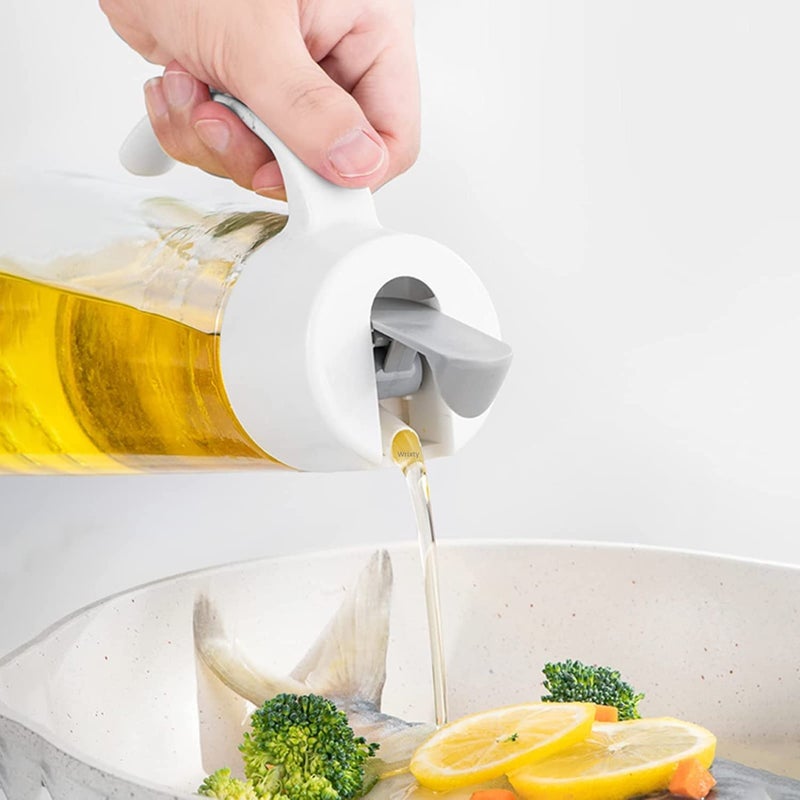 Wrixty Oil Bottle Auto Flip Olive Oil and Vinegar Dispensers Glass Oil Bottle with Non Slip Handle for Soy Sauce Olive Oil Vinegar Kitchen Cooking 650 ML White - Image 2