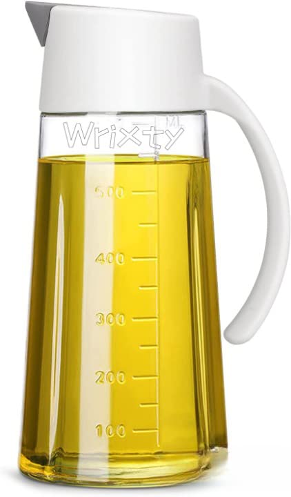 Wrixty Oil Bottle Auto Flip Olive Oil and Vinegar Dispensers Glass Oil Bottle with Non Slip Handle for Soy Sauce Olive Oil Vinegar Kitchen Cooking 650 ML White - Image 1