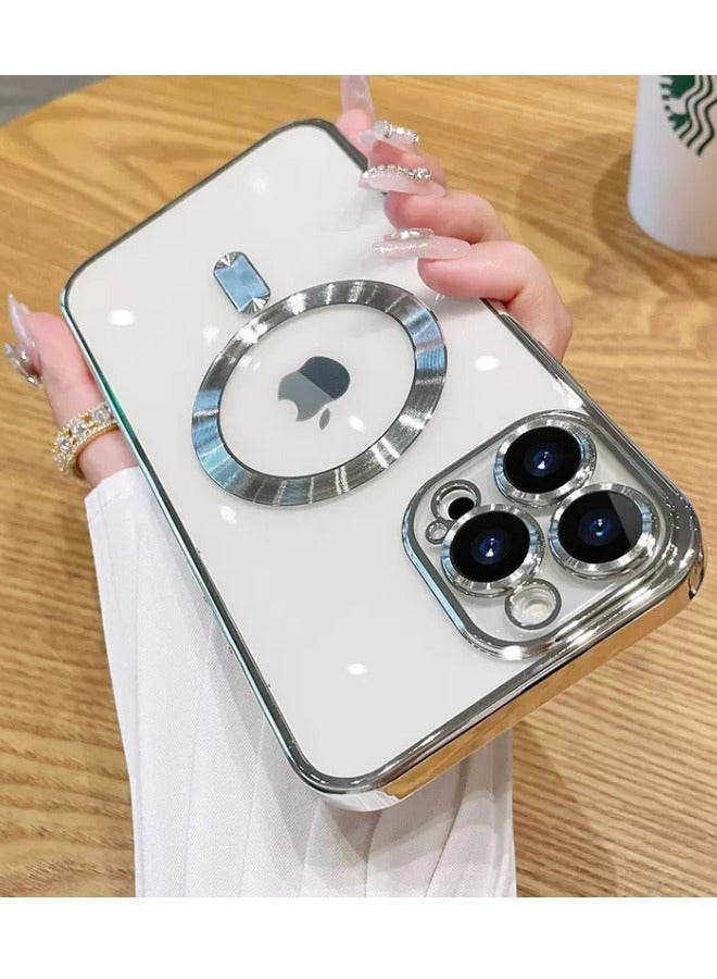 iPhone 15 Pro Max Case with Camera Lens Protector, Protective Case Compatible with Wireless Charging, Anti-Scratch Shockproof Protective Electroplated iPhone 15 Pro Max Case for Women Men - Silver  - Image 1