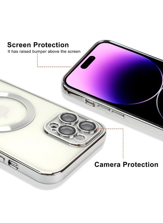 iPhone 15 Pro Max Case with Camera Lens Protector, Protective Case Compatible with Wireless Charging, Anti-Scratch Shockproof Protective Electroplated iPhone 15 Pro Max Case for Women Men - Silver  - Image 3