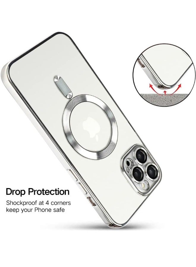 iPhone 15 Pro Max Case with Camera Lens Protector, Protective Case Compatible with Wireless Charging, Anti-Scratch Shockproof Protective Electroplated iPhone 15 Pro Max Case for Women Men - Silver  - Image 4
