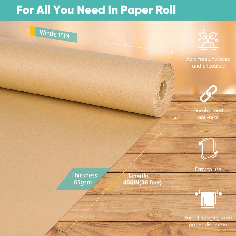 Vanhench Brown Wrapping/Packing Paper Roll 15"Ã—450" (38') for Moving Boxes Supplies, Craft Kraft Paper Roll for Birthday Gift Wrap Floral Bouquet Flower, Poster Bulletin Board Paper - Image 2