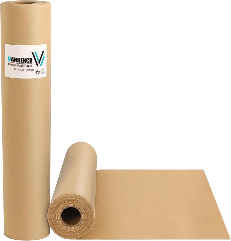 Vanhench Brown Wrapping/Packing Paper Roll 15"Ã—450" (38') for Moving Boxes Supplies, Craft Kraft Paper Roll for Birthday Gift Wrap Floral Bouquet Flower, Poster Bulletin Board Paper - Image 1