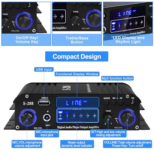 ARRAROWN Stereo Audio Amplifier for Home Speakers S-288 Bluetooth 5.0 HiFi Mini Audio Component Amplifiers Receiver 4.0CH RMS 40Wx4 Max. 600W Integrated Power Amp W/USB,FM,Adapter - Image 5