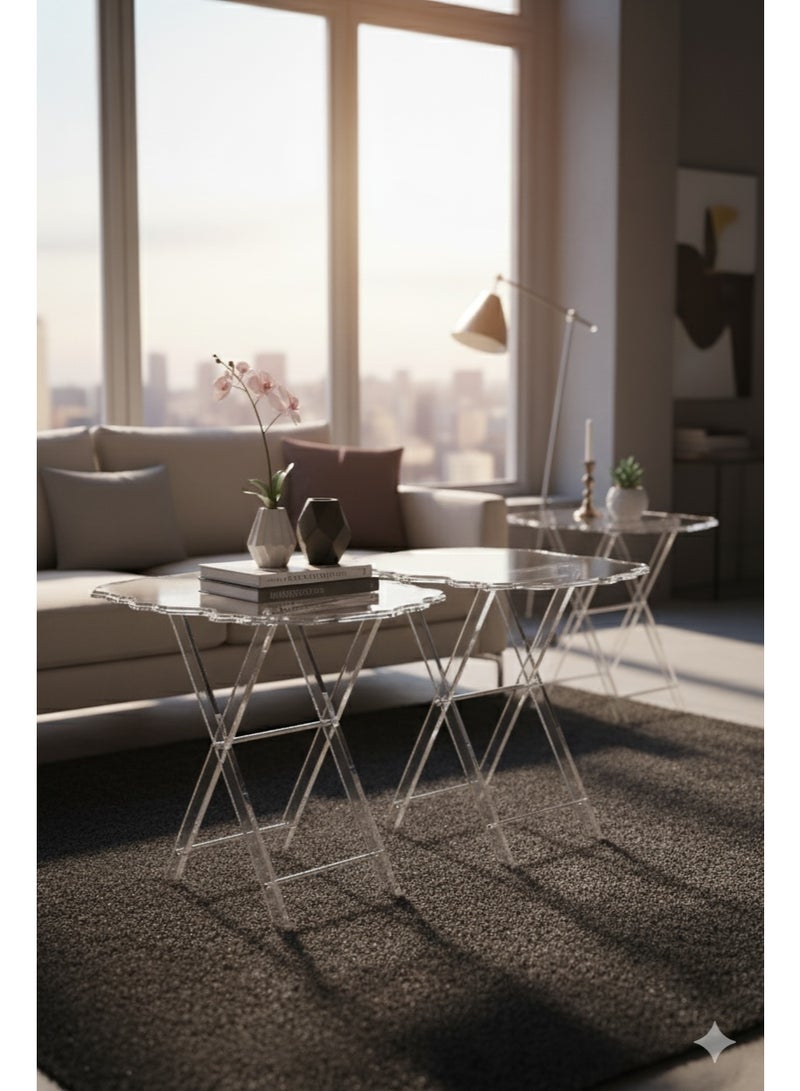 طقم طاولات أكريليك فضي وشفاف فاخر متداخلة (مكون من 4 قطع) مع حامل مدمج - Image 4