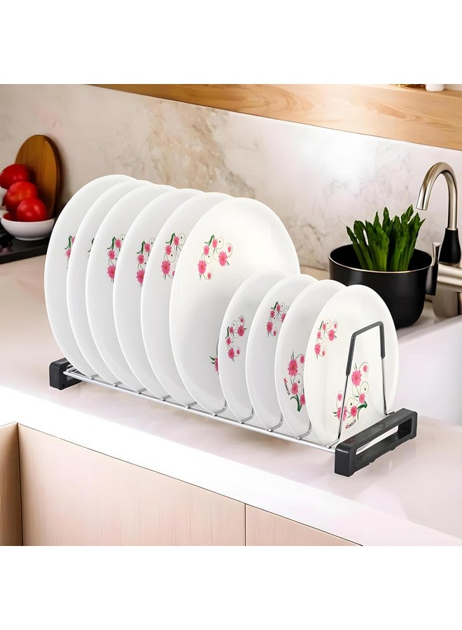 Kuber Industries Stainless Steel Plate Stand for Kitchen | 20 Inch Crockery Rack Organizer With Rubber Grip | 10 Sections - Silver & Grey - Image 1