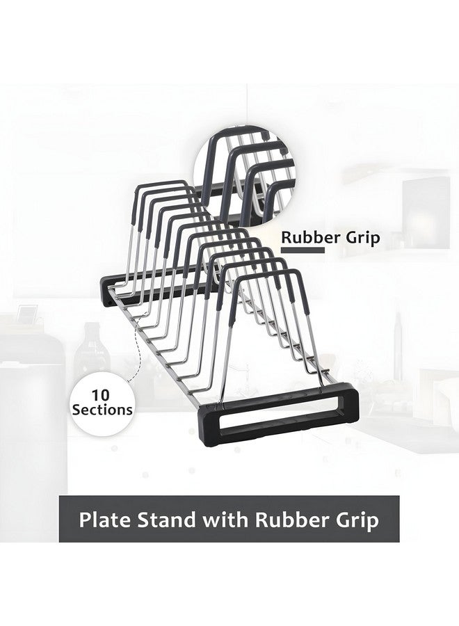 Kuber Industries Stainless Steel Plate Stand for Kitchen | 20 Inch Crockery Rack Organizer With Rubber Grip | 10 Sections - Silver & Grey - Image 5