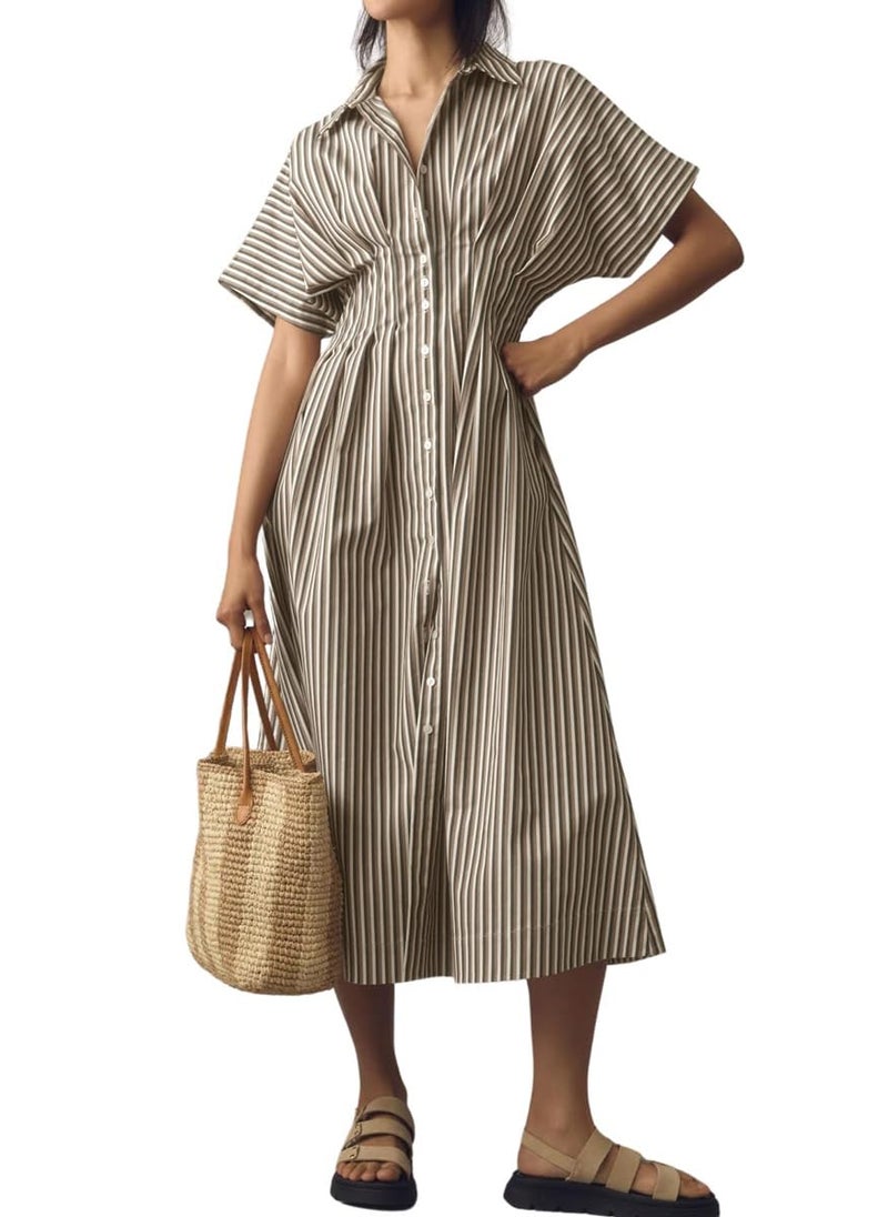 chouyatou Women's Contrast Color Striped Shirt Dress Pleated Button Down Maxi Long Tunic Dress (Large, Brown) - Image 1