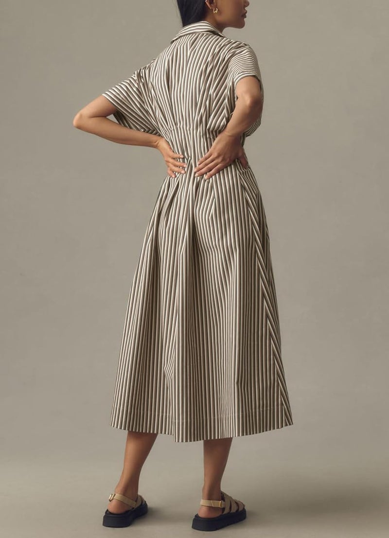 chouyatou Women's Contrast Color Striped Shirt Dress Pleated Button Down Maxi Long Tunic Dress (Large, Brown) - Image 2
