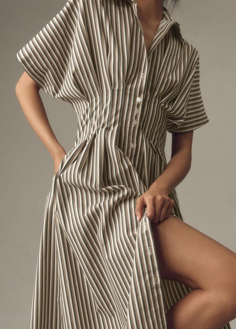 chouyatou Women's Contrast Color Striped Shirt Dress Pleated Button Down Maxi Long Tunic Dress (Large, Brown) - Image 3