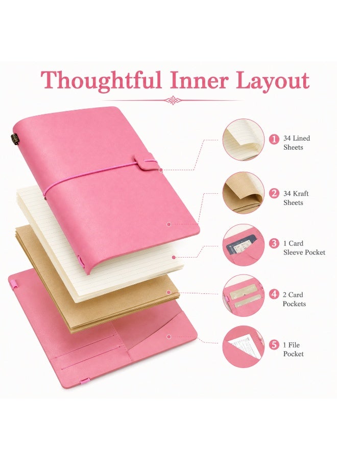 LYNLYN Pink Vintage Journal, Portable Faux Leather Notebook with Elastic Wrap Closure, 100 GSM Lined and Kraft Paper, Card Pockets for Travel and Daily Notes (12*20 CM) - Image 5