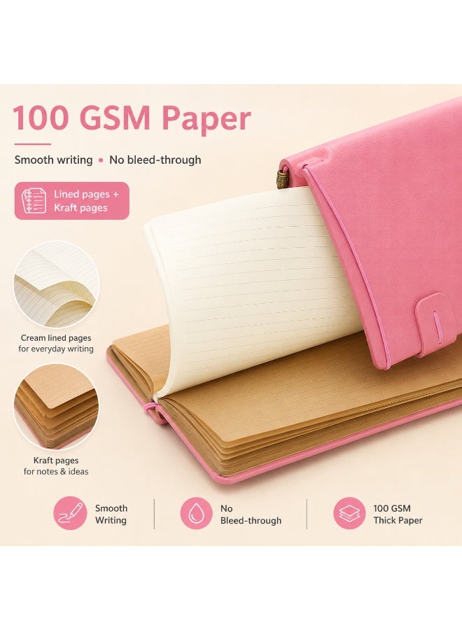 LYNLYN Pink Vintage Journal, Portable Faux Leather Notebook with Elastic Wrap Closure, 100 GSM Lined and Kraft Paper, Card Pockets for Travel and Daily Notes (12*20 CM) - Image 4