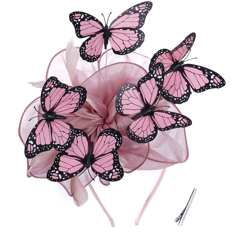 Zinniday Pink Butterfly Fascinators Hat - Pink 2026 Derby Hats for Women Lady High Tea Party Attire Dress Up, 1920s 50s Monarch Butterfly Organza Cocktail Victoria Fascinator with Hair Clip - Image 1
