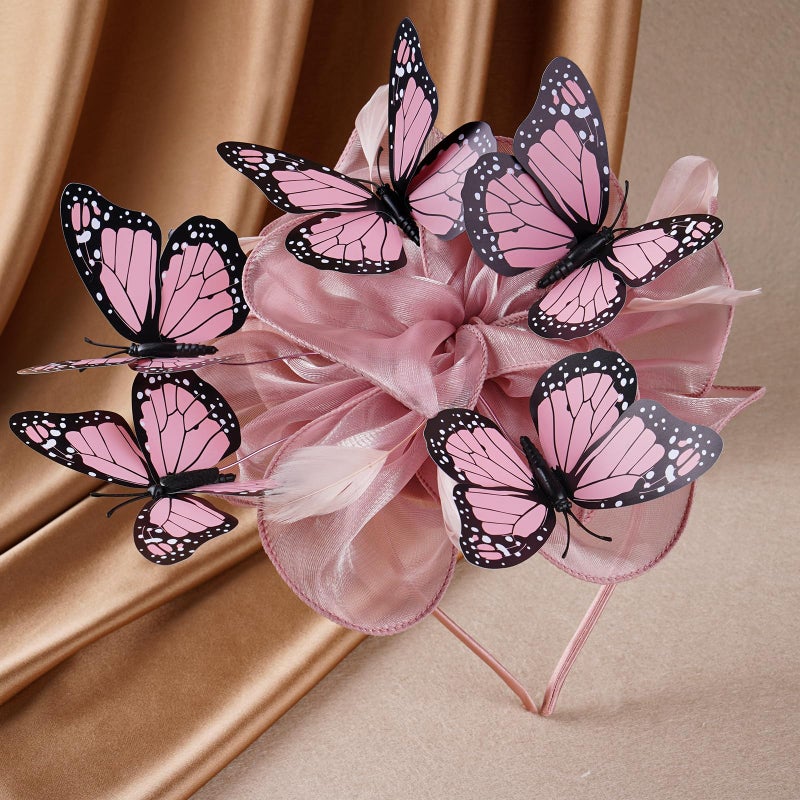 Zinniday Pink Butterfly Fascinators Hat - Pink 2026 Derby Hats for Women Lady High Tea Party Attire Dress Up, 1920s 50s Monarch Butterfly Organza Cocktail Victoria Fascinator with Hair Clip - Image 4