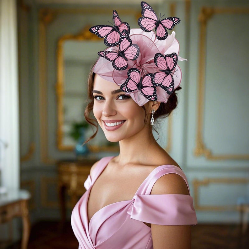 Zinniday Pink Butterfly Fascinators Hat - Pink 2026 Derby Hats for Women Lady High Tea Party Attire Dress Up, 1920s 50s Monarch Butterfly Organza Cocktail Victoria Fascinator with Hair Clip - Image 3