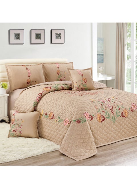 Sleep night Floral Compressed 6 Pieces Comforter Set King Size 220 X 240 Cm All Season Reversible Bedding Set Geometric Quilted Stitching Design Beige