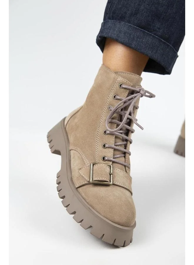 (Mihri) Women's Genuine Leather Lace-up Inner Zipper Top Toggle Vison Boot.