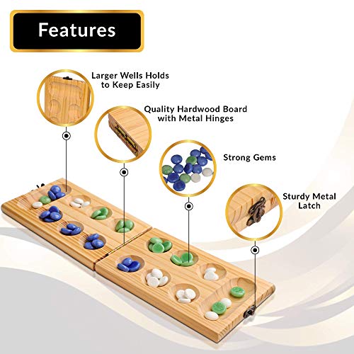 Point Games Solid Wood Deluxe Mancala - Folding Board Game w Metal Latch and Glass Marbles- Portable Strategy Travel Game - Recommended Ages 6+ - Image 2