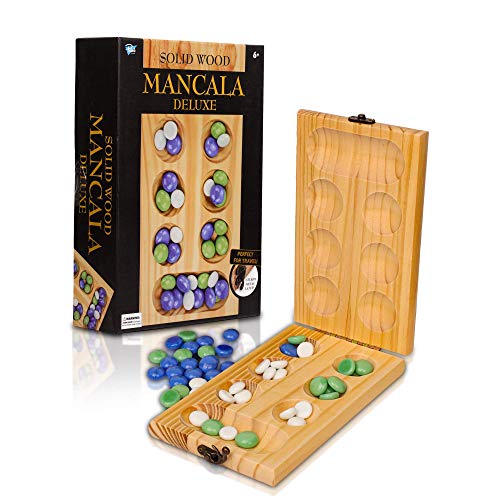 Point Games Solid Wood Deluxe Mancala - Folding Board Game w Metal Latch and Glass Marbles- Portable Strategy Travel Game - Recommended Ages 6+ - Image 1