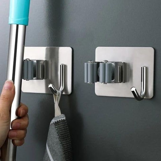 2 PACK BROOM HOLDER WALL MOUNT MOP AND BROOM HOLDER WALL MOUNT SELF ADHESIVE BROOM ORGANIZER HANGER GRIPPER STAINLESS STEELSILVER