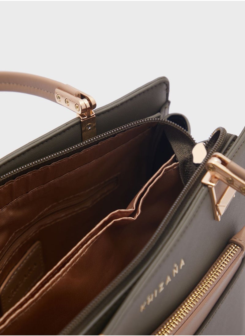 Colour Block Satchel With Pouch