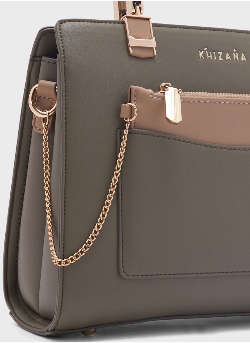 Colour Block Satchel With Pouch