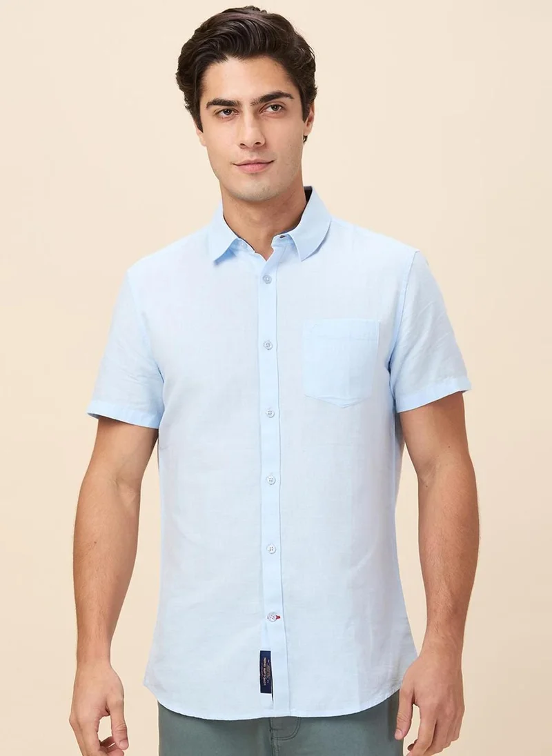 بيينغ هيومان Men Classic Spread Collar Solid Cotton Linen Casual Shirt