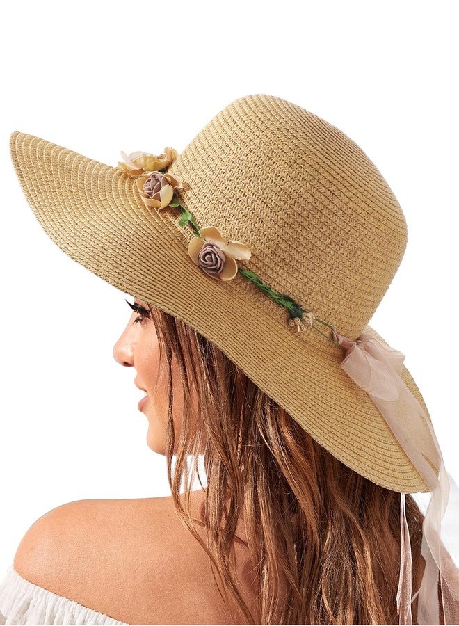 TOBEHIGHER Sun Hats for Women Wide Brim Beach Hat Straw Visor Ponytail Summer UV Packable Foldable Beach Vacation Essentials Brown - Image 1