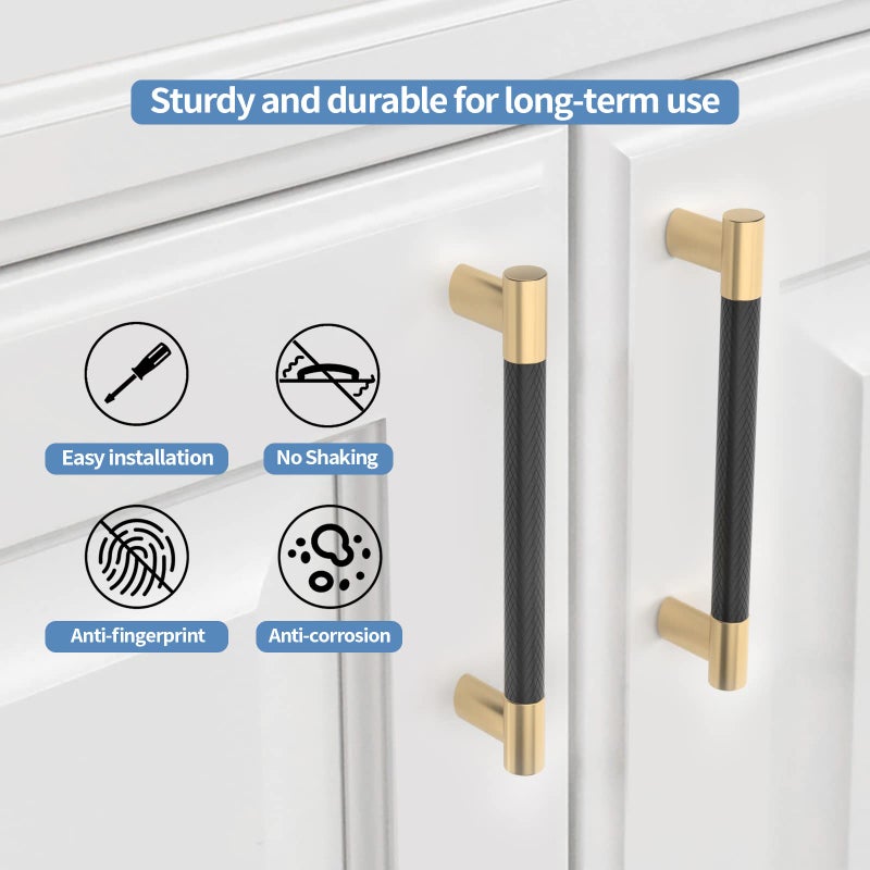 Coinkoly 10 Pack 5''(128mm Hole to Hole) Black and Gold Cabinet Pulls, Knurled Brushed Gold & Matte Black Cabinet Handles for Kitchen Drawers, Bathroom Vanity, Dresser - Heavy Duty Zinc Alloy Hardware - Image 3