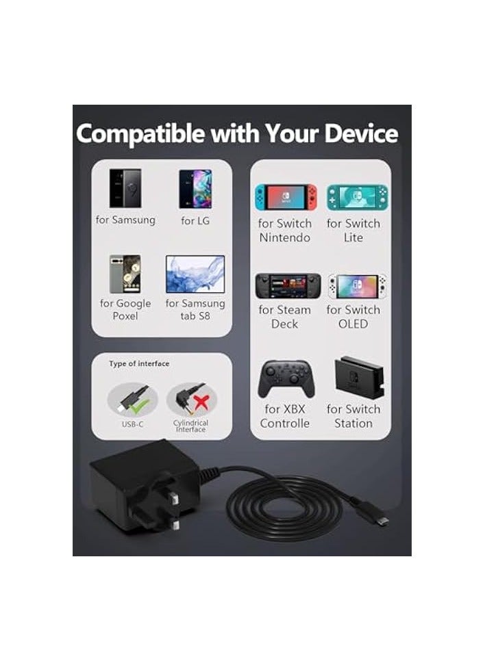 PROMASS Fast Charger for Nintendo Switch, 15V Power Supply AC Power Adapter for Switch/Switch OLED/Switch Lite/Switch Dock Station/Switch Pro Controller with (USB-C) Type C Cable Plug, Support TV Mode C0060 - Image 3