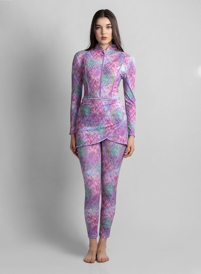 منيرفا سيكرت بريلّا - طقم بوركيني فاخر حصري من  قطع مع بلوزة أنيقة، بنطلون ضيق عالي الخصر، تنورة شاطئ أنيقة، ولباس سباحة أنيق - Image 1