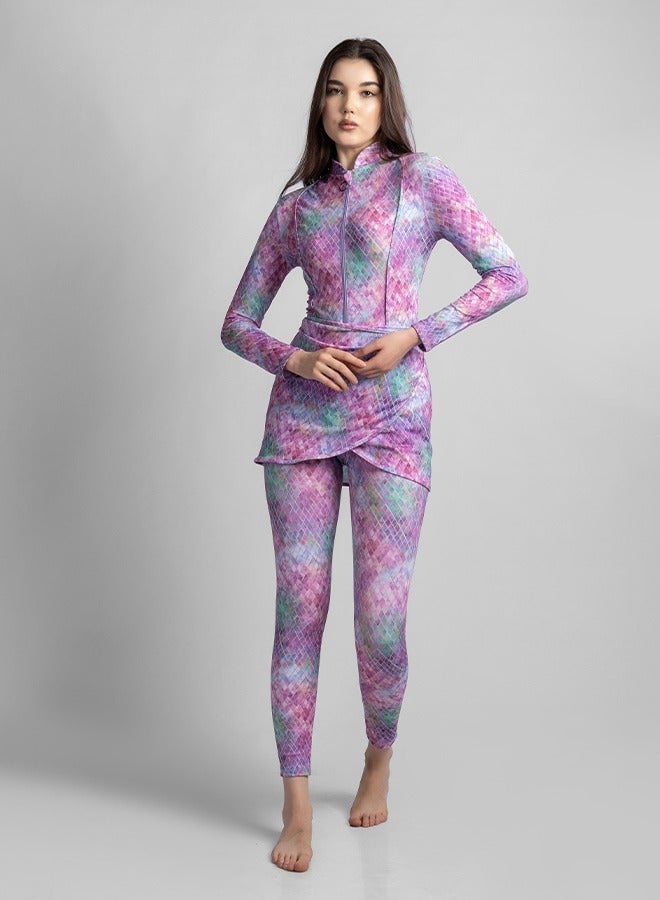 منيرفا سيكرت بريلّا - طقم بوركيني فاخر حصري من  قطع مع بلوزة أنيقة، بنطلون ضيق عالي الخصر، تنورة شاطئ أنيقة، ولباس سباحة أنيق - Image 2