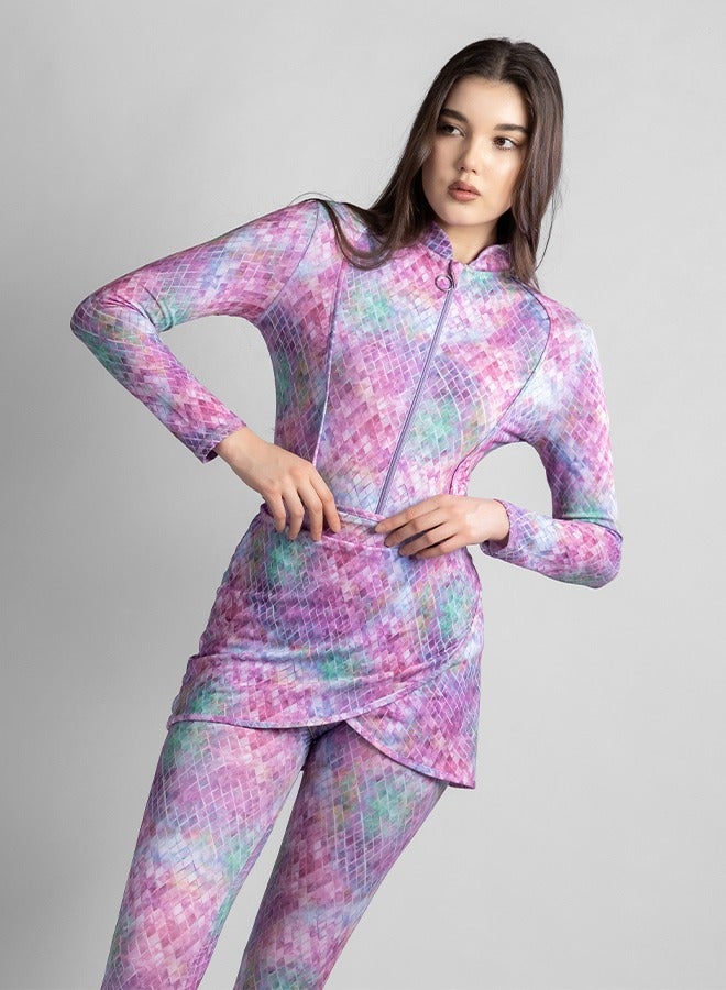 منيرفا سيكرت بريلّا - طقم بوركيني فاخر حصري من  قطع مع بلوزة أنيقة، بنطلون ضيق عالي الخصر، تنورة شاطئ أنيقة، ولباس سباحة أنيق - Image 3